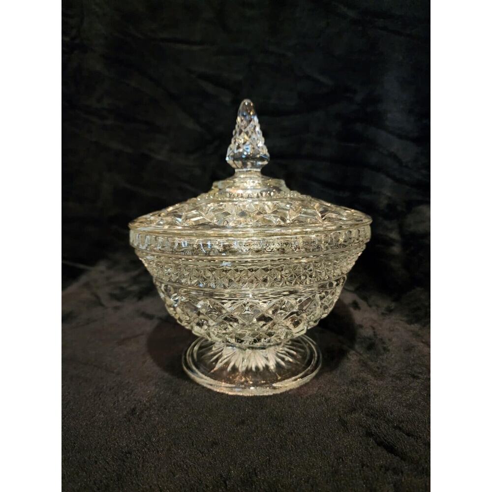 8 Inch Tall Clear Glass Candy Dish with Lid Hobnail Diamond Cut Texture